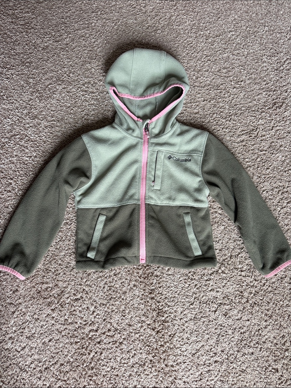Columbia Girls' Two-Tone Green Fleece Hoodie with Pink Trim